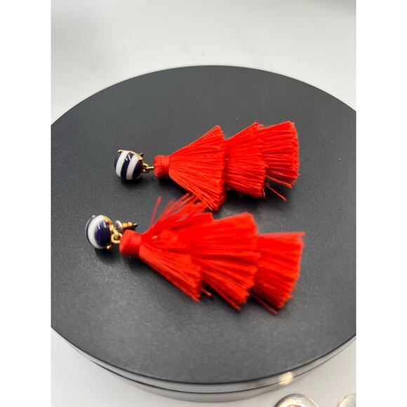 J. Crew Blue White Striped Three Tier Red Tassel Earrings - Picture 5 of 8